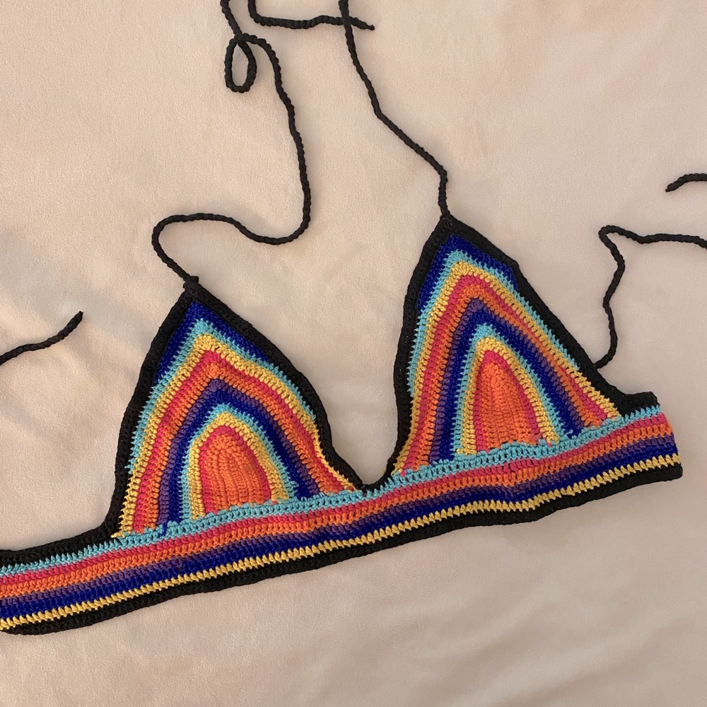 Rainbow crochet bikini crop halter top M